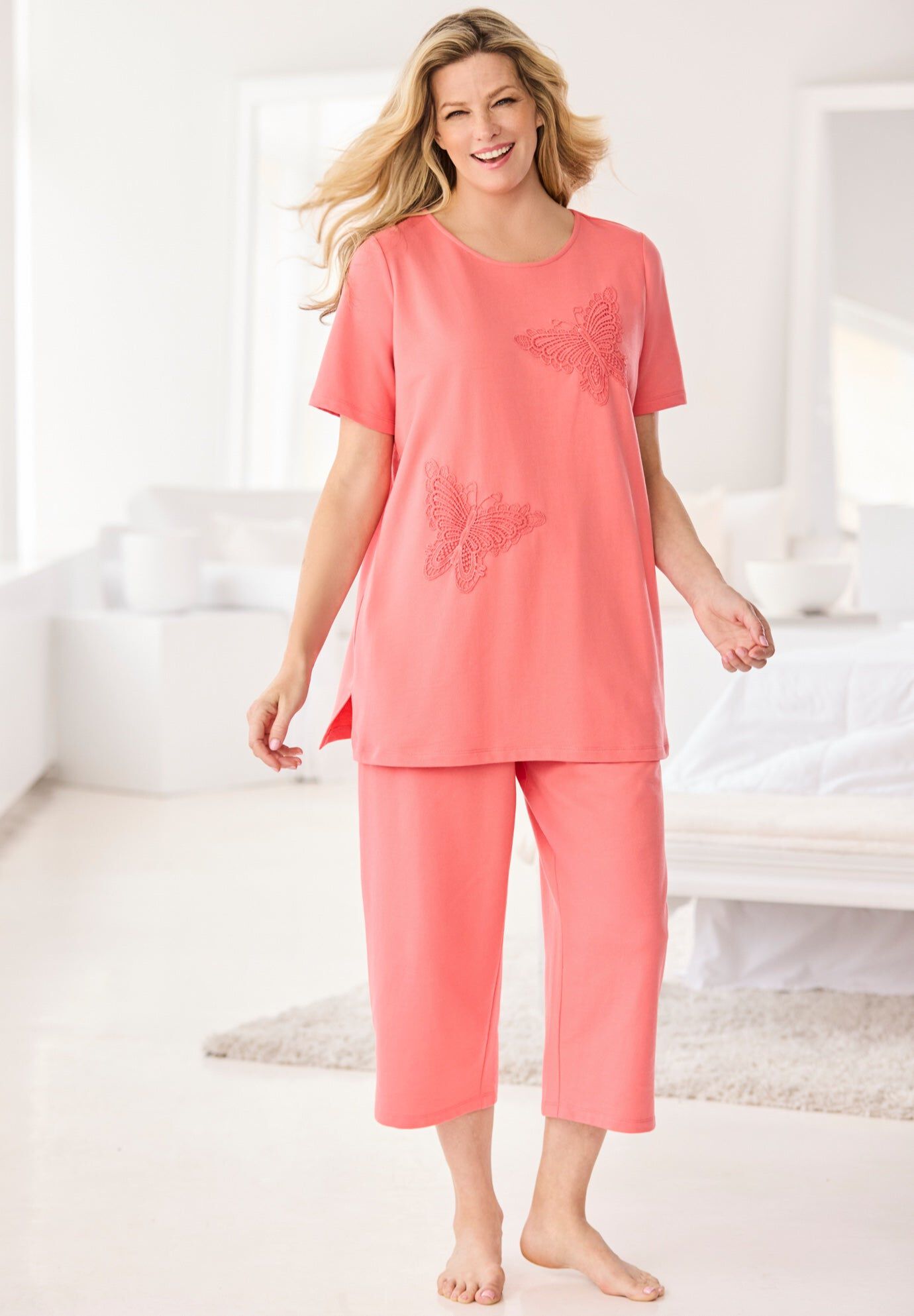 Dreams & Co&reg; 2-Piece Applique Capri, SWEET CORAL, hi-res image number 0