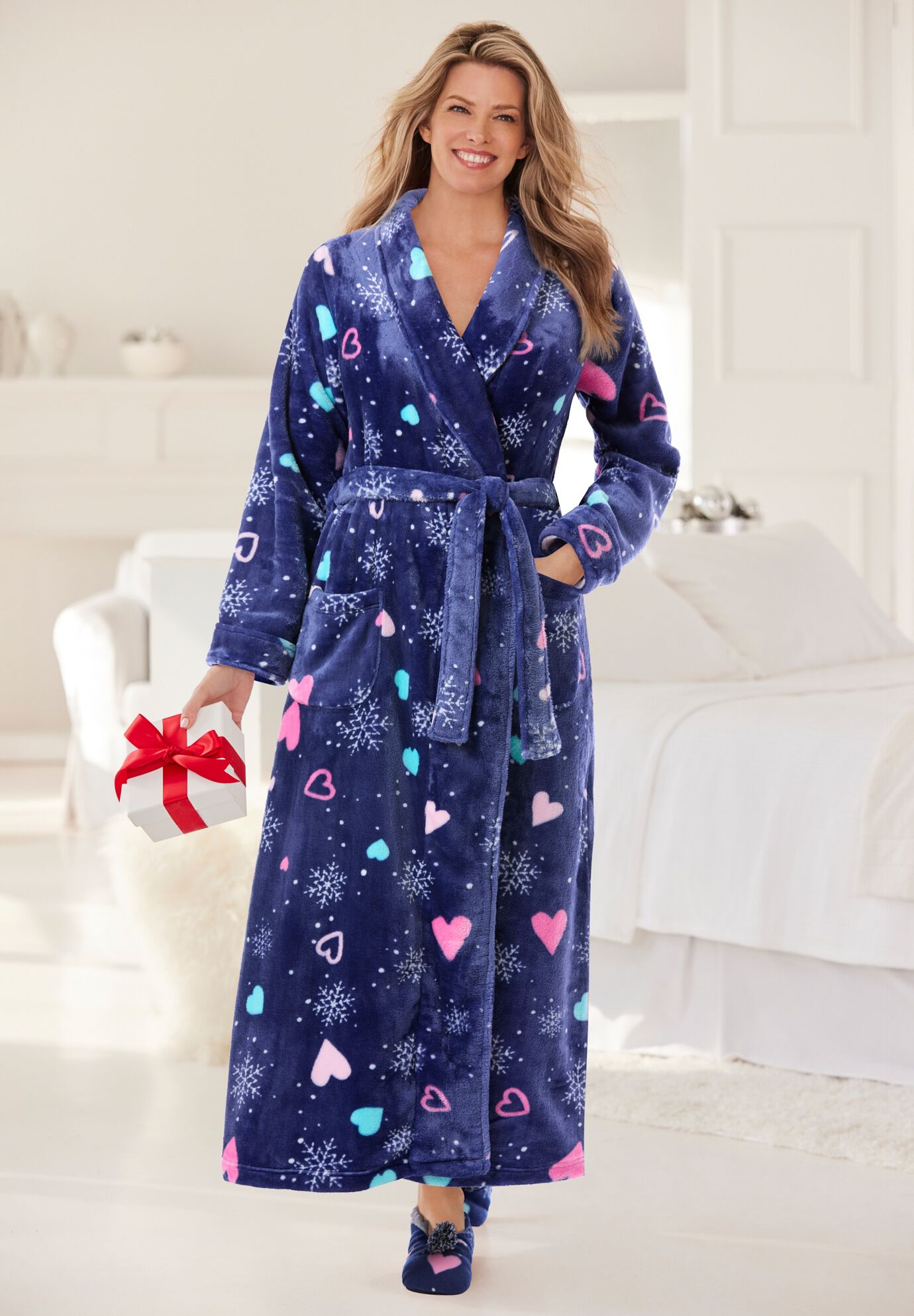 Matching Plush Wrap Robe & Slipper, Evening Blue Snowflakes | Catherines