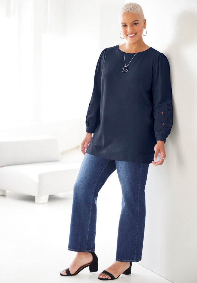 Eyelet Sweatshirt, NAVY EMBROIDERY, hi-res image number 0