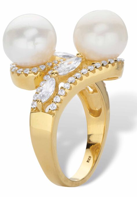 Gold over Sterling Silver Pearl and Marquise Cubic Zirconia Ring, , on-hover image number null