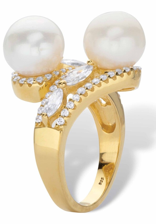 Gold over Sterling Silver Pearl and Marquise Cubic Zirconia Ring, , on-hover image number 1