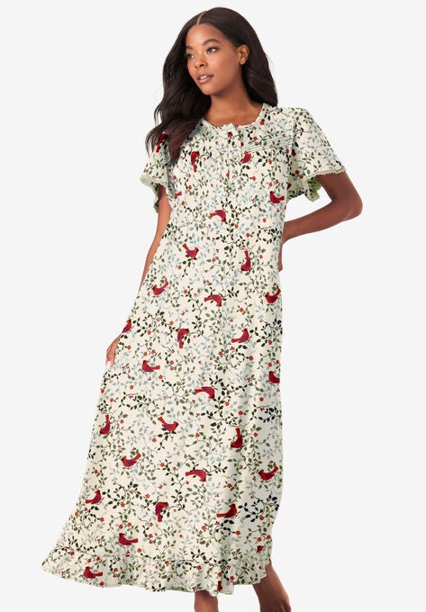 Long Floral Print Cotton Gown, CLASSIC RED CARDINALS, hi-res image number null