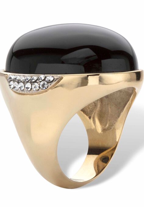 Yellow Gold Ion-Plated Stainless Steel Black Onyx and Crystal Ring, , on-hover image number null