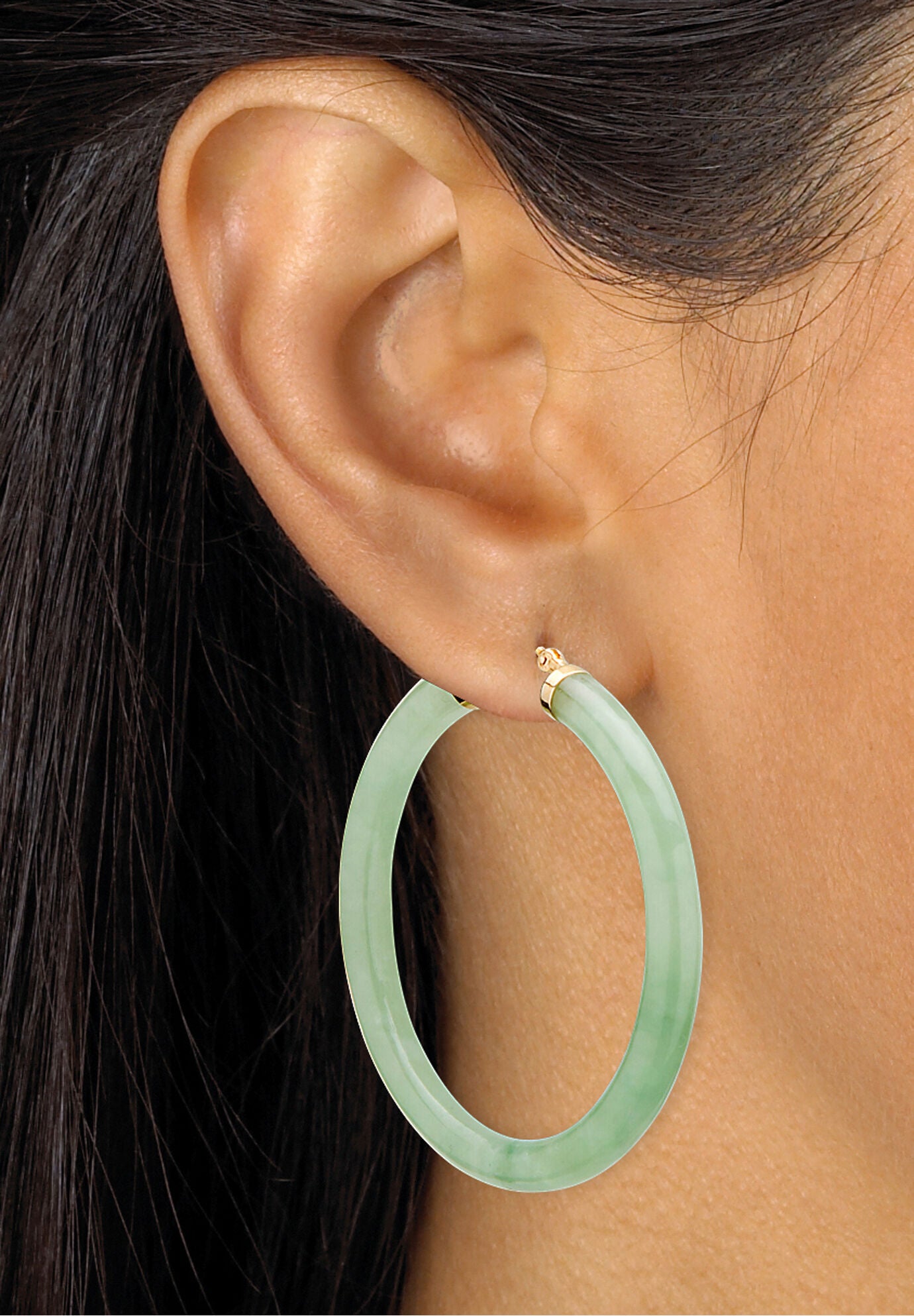 Green Jade Hoop Earrings 10K Gold 45mm Jade Catherines