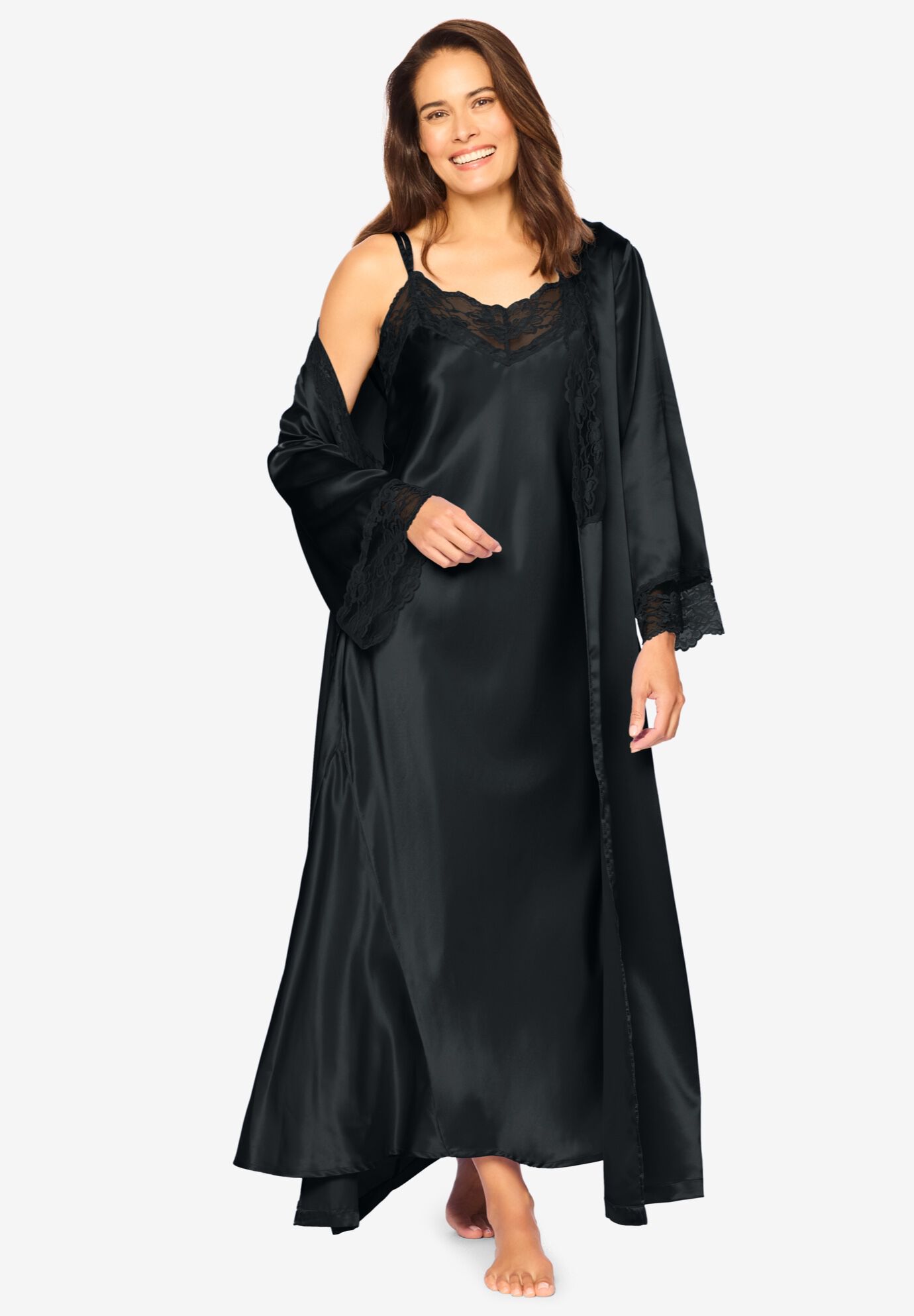 Luxe Satin Peignoir Set Special Lace Detail, Black Catherines