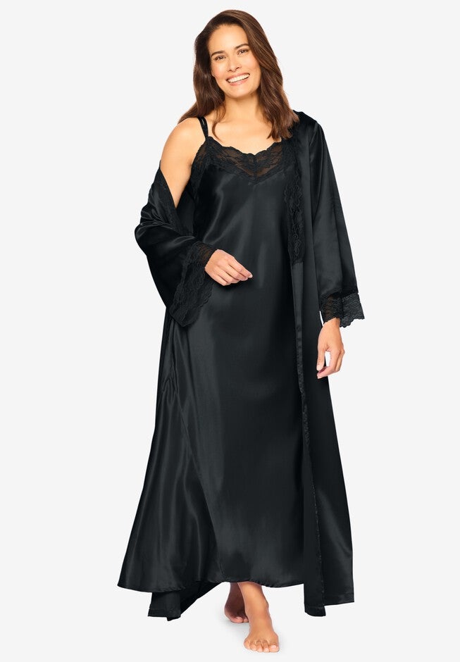 Luxe Satin Peignoir Set Special Lace Detail, Black Catherines