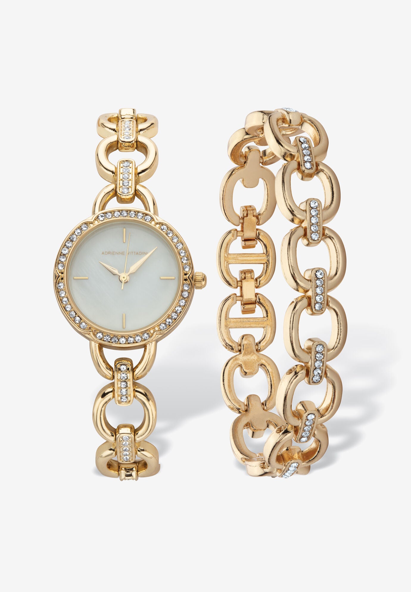 Yellow Gold Plated 2 Piece Round Crystal Cable Chain Watch Set 7.5 Inches, YELLOW GOLD, hi-res image number 0