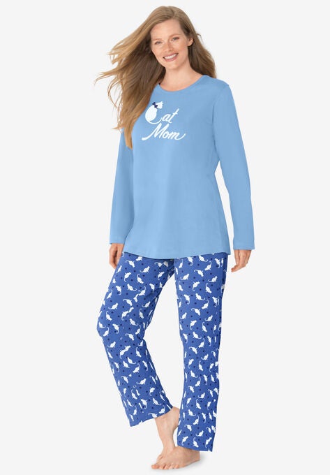 Long Sleeve Knit PJ Set , CORNFLOWER BLUE CAT, hi-res image number null