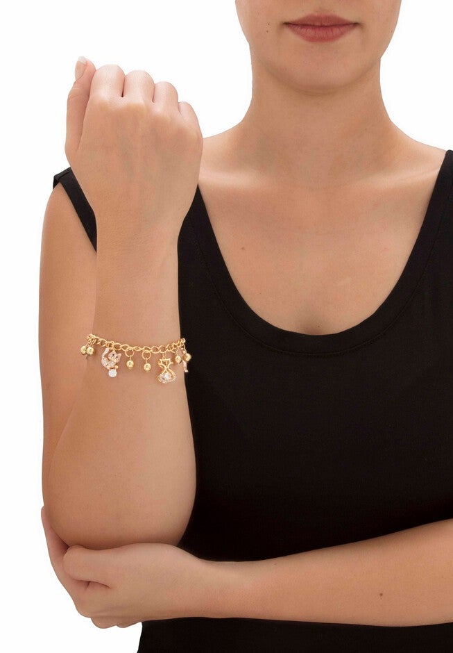 Gold Tone Round Crystal Cat Charm Bracelet, 7.5 inches, , alternate image number null