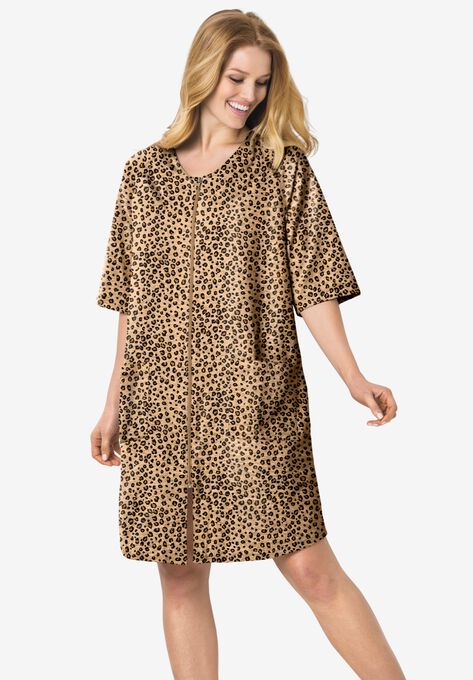 Short French Terry Zip-Front Robe , CLASSIC LEOPARD, hi-res image number null