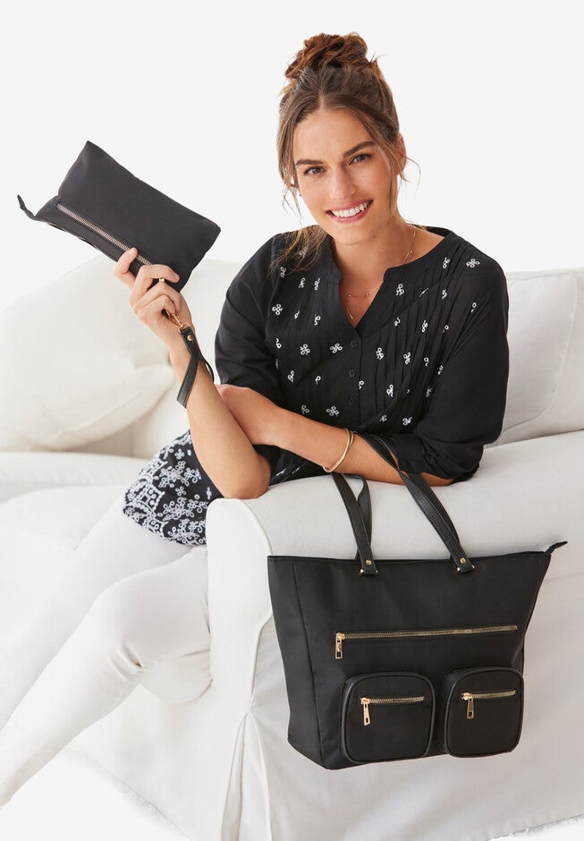 2-Piece Tote and Wristlet Set, BLACK, hi-res image number null