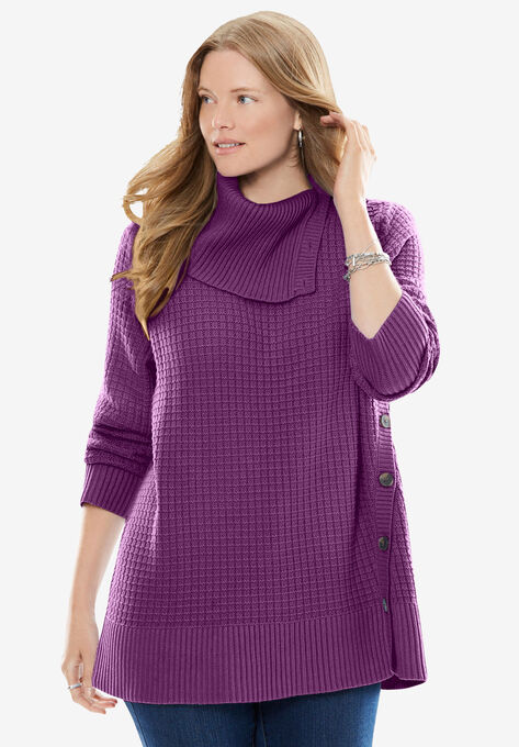 Button-Neck Waffle Knit Sweater, PLUM PURPLE, hi-res image number null