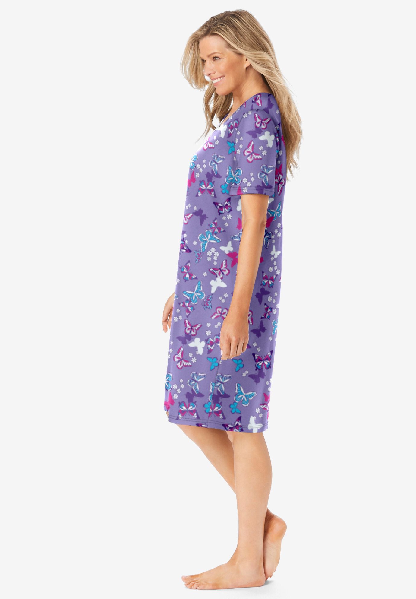 V-Neck Short Sleeve Knee-Length Cotton Sleepshirt, SOFT IRIS BUTTERFLIES, alternate image number 2