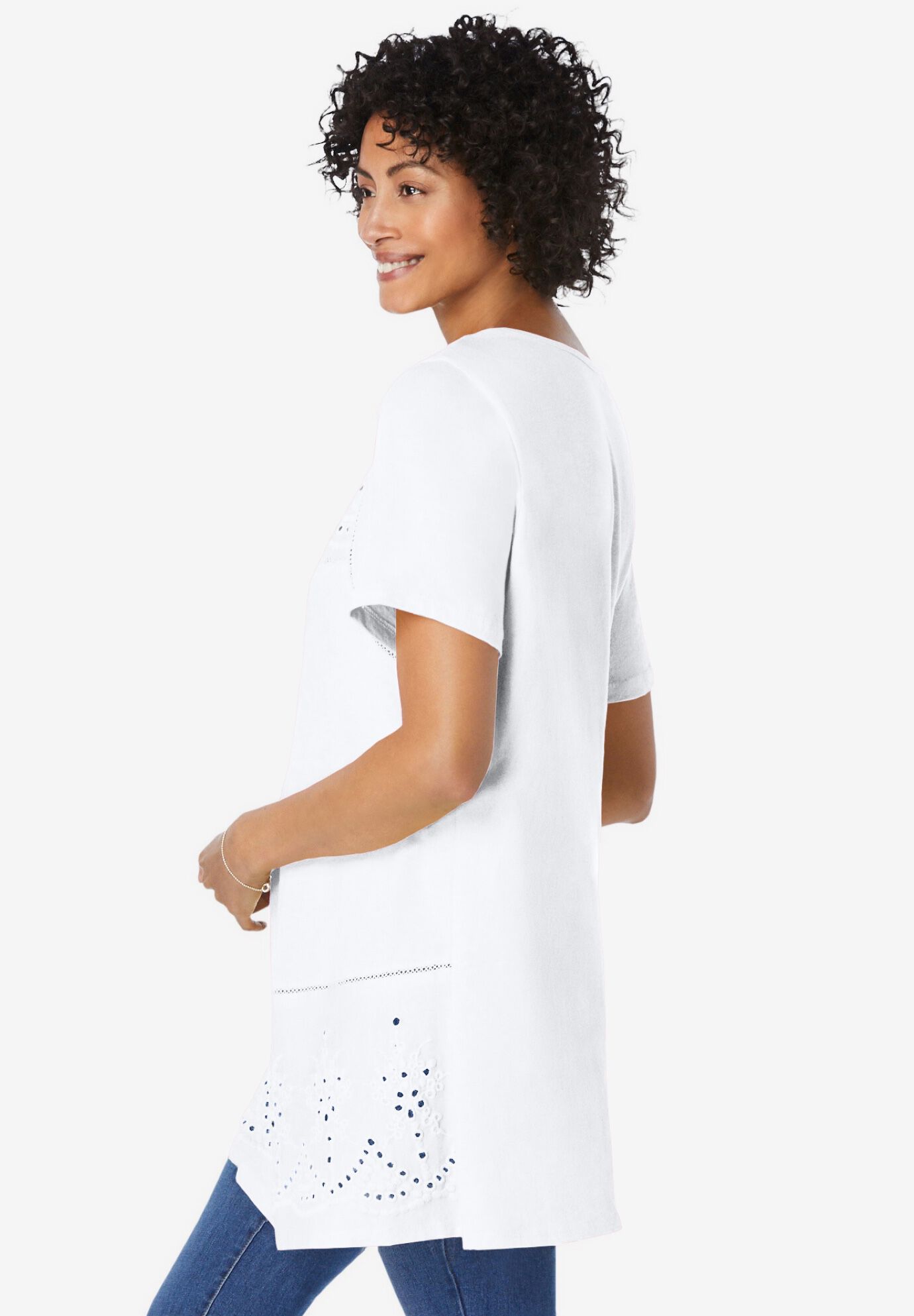 Embroidered Eyelet Pintucked Tunic, WHITE, alternate image number 2