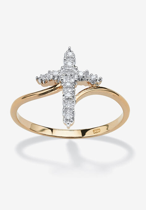 Yellow Gold-Plated Sterling Silver Genuine Diamond Accent Cross Ring, DIAMOND, hi-res image number null