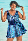 Faux-Wrap Swim Dress, BLUE ABSTRACT CUBES, hi-res image number null