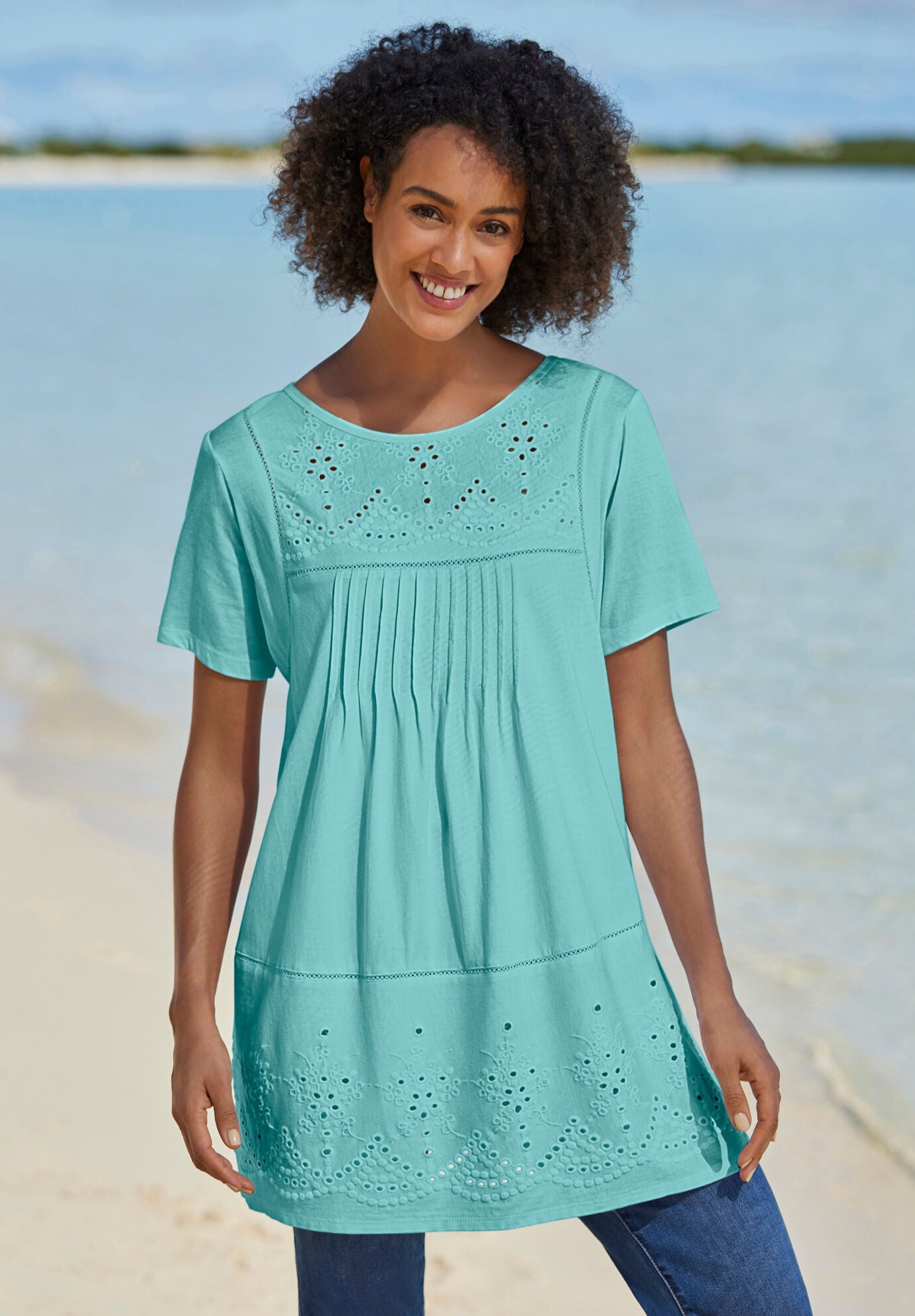Embroidered Eyelet Pintucked Tunic, , alternate image number 4