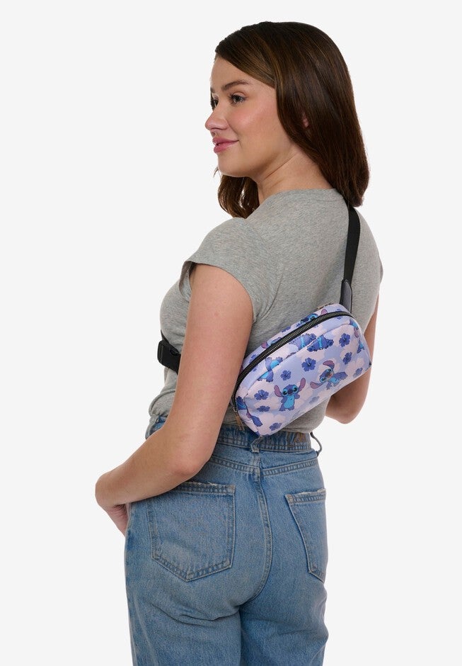 Disney Stitch Belt Bag Belt Bag Crossbody Zippered Floral All-Over Print Blue Faux Leather, , alternate image number 2