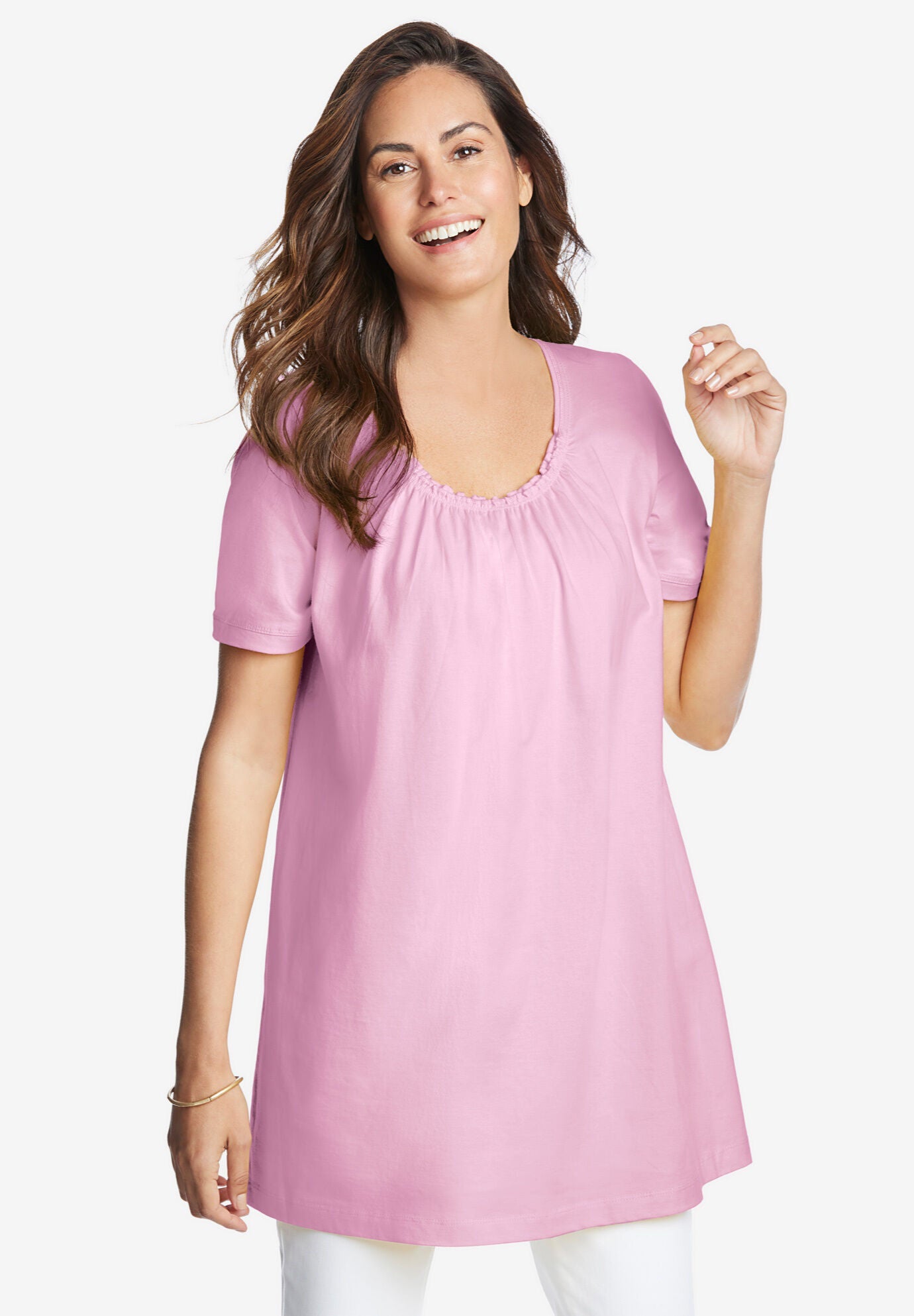 Perfect Short-Sleeve Shirred U-Neck Tunic, , alternate image number 4