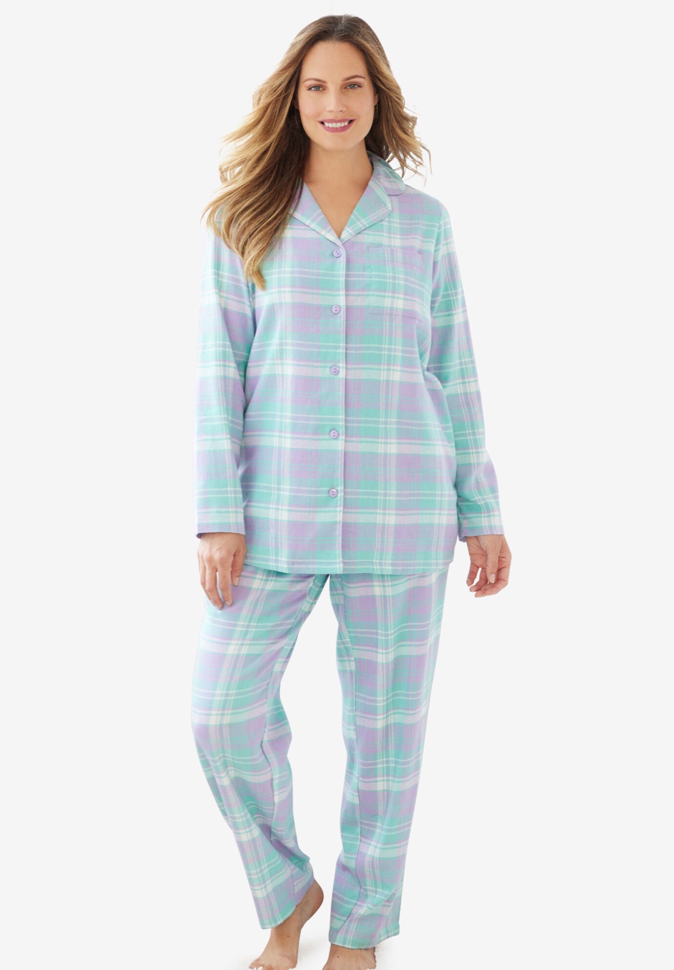 Flannel Pajama Set Classic Style Soft Iris Plaid Catherines