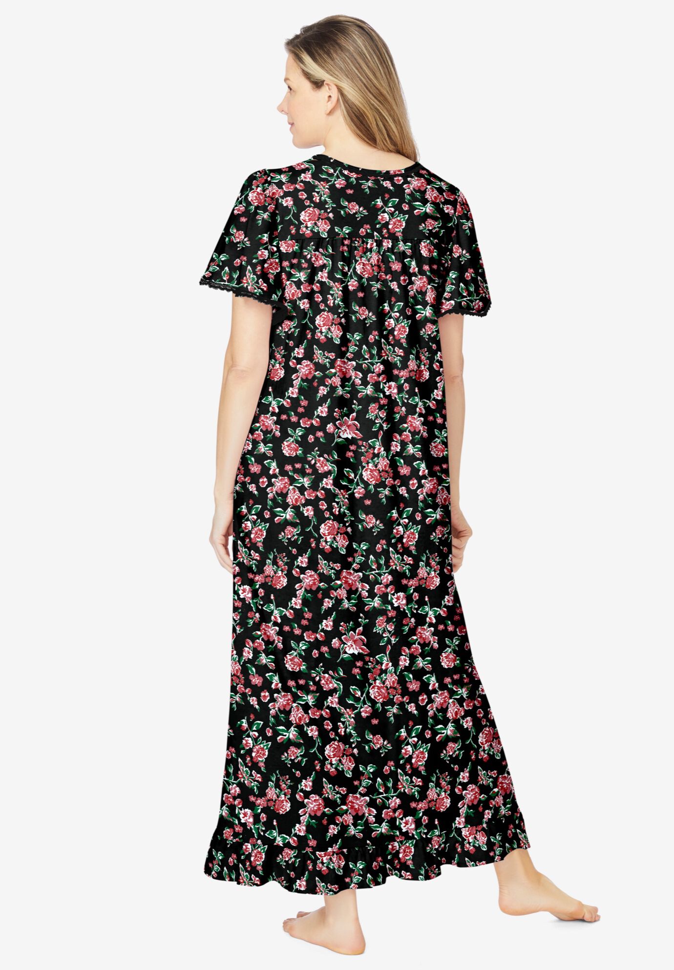 Long Floral Print Cotton Gown, BLACK ROSES, on-hover image number 1
