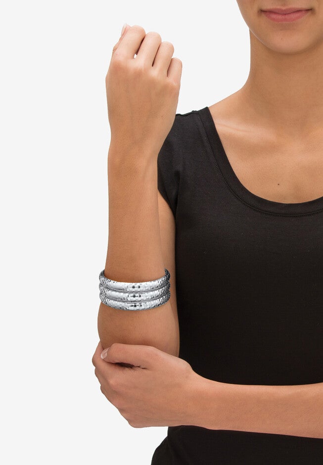 Silvertone Hammered 3 Piece Stack Bracelet Set, 8.5 inches, , alternate image number 2