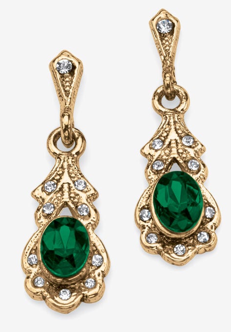 Gold Tone Antiqued Oval Cut Simulated Birthstone Vintage Style Drop Earrings, MAY, hi-res image number null
