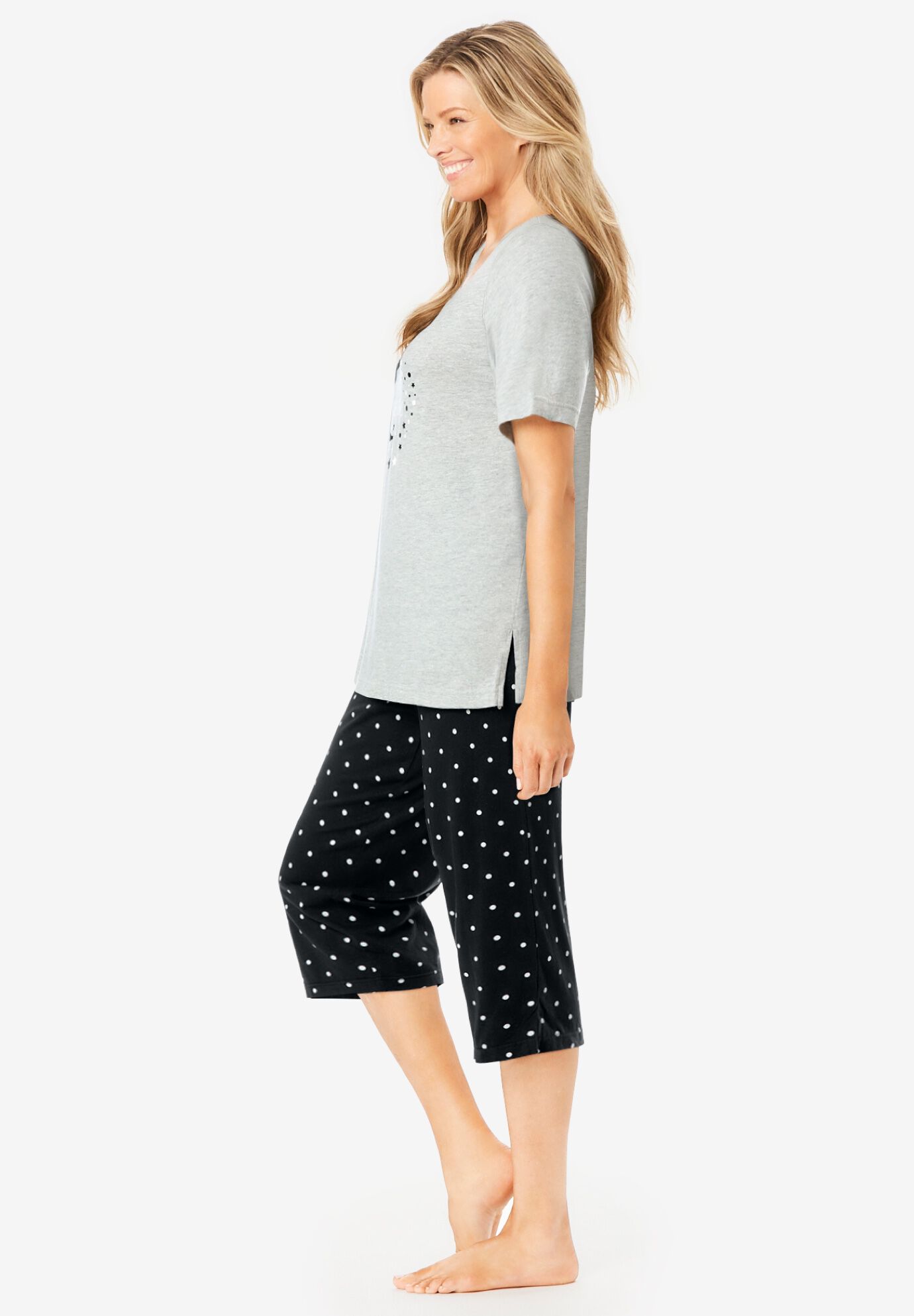 2-Piece Capri Cotton PJ Set, BLACK DOT, on-hover image number 1