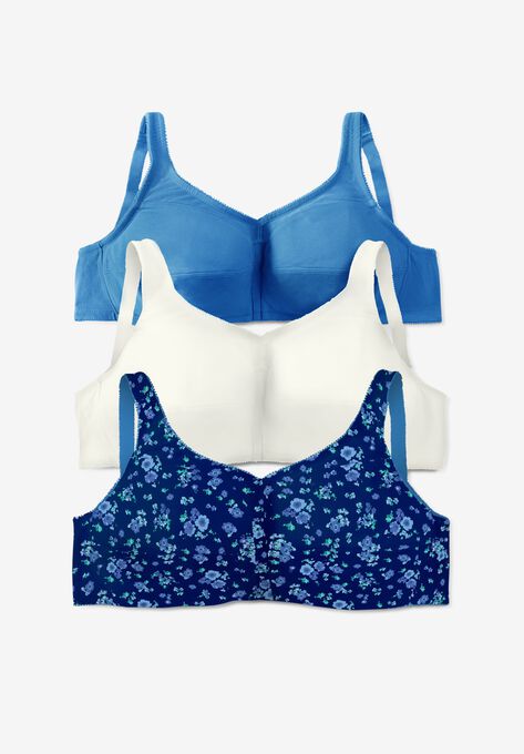 3-Pack Front-Close Cotton Wireless Bra, EVENING BLUE PACK, hi-res image number null