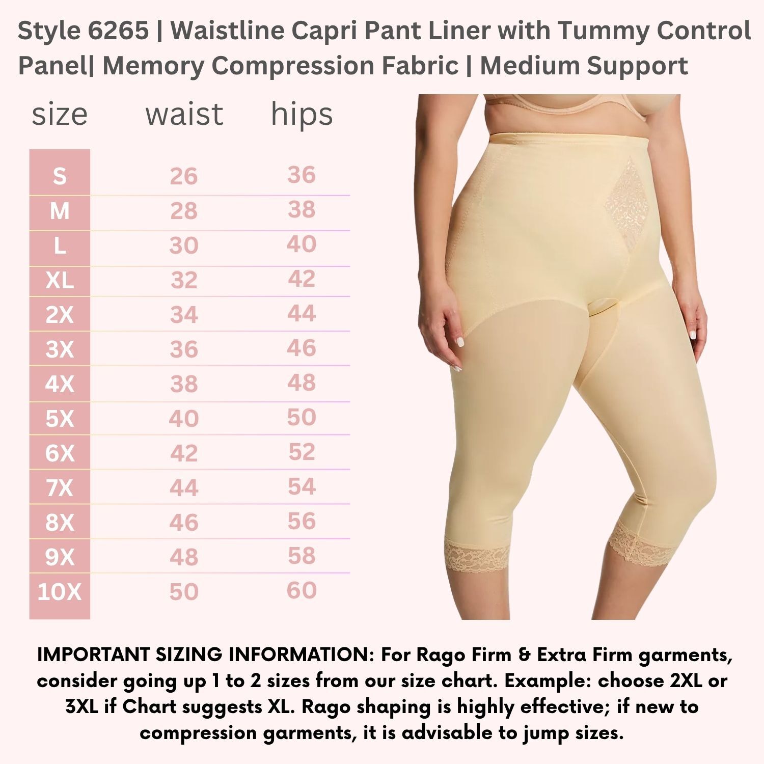 Moderate Control Waistline Capri Pant Liner with Tummy Control Panel Memory Compression Fabric 6265, BEIGE, alternate image number 5