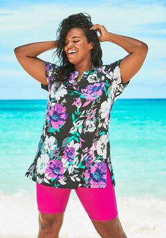 Longer-Length Notch-Neck Short-Sleeve Swim Tunic