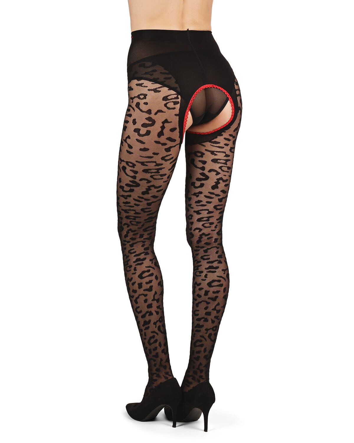 Women Born To Be Wild Leopard Crotchless Sheer Pantyhose, BLACK RED, alternate image number 2