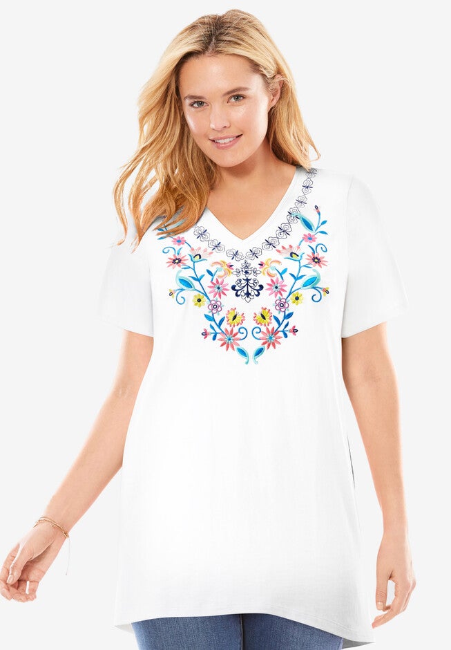 Embroidered V-Neck Tunic, , alternate image number null