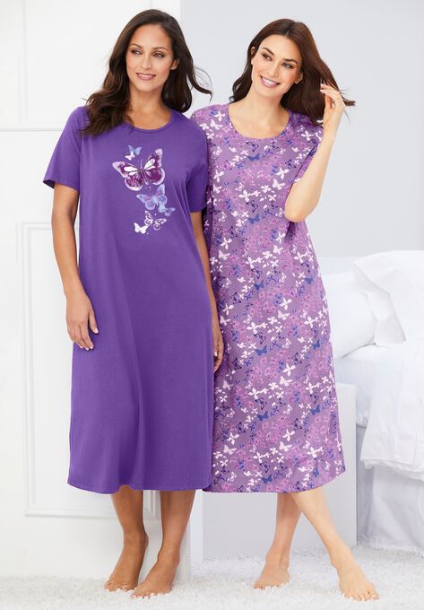 2-Pack Long Sleepshirts , PLUM BURST FLORAL BUTTERFLY, hi-res image number null