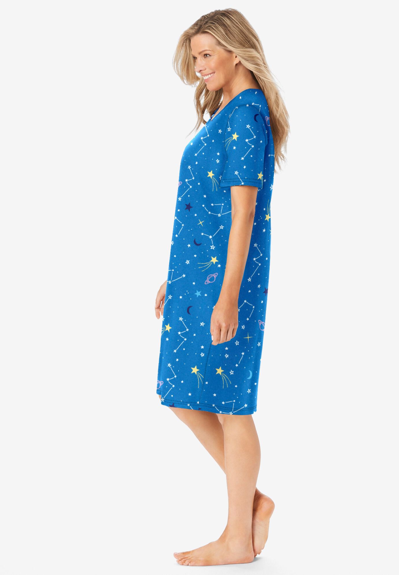 V-Neck Short Sleeve Knee-Length Cotton Sleepshirt, POOL BLUE COSMIC DREAMS, alternate image number 2