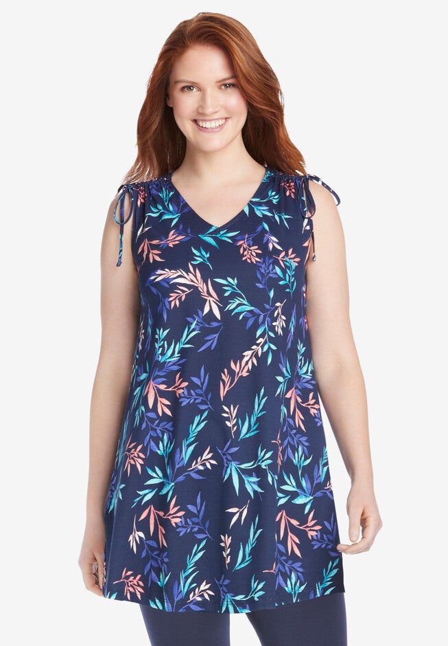 Ruched-Shoulder V-Neck Tunic Tank, NAVY DELICATE VINE, hi-res image number 0