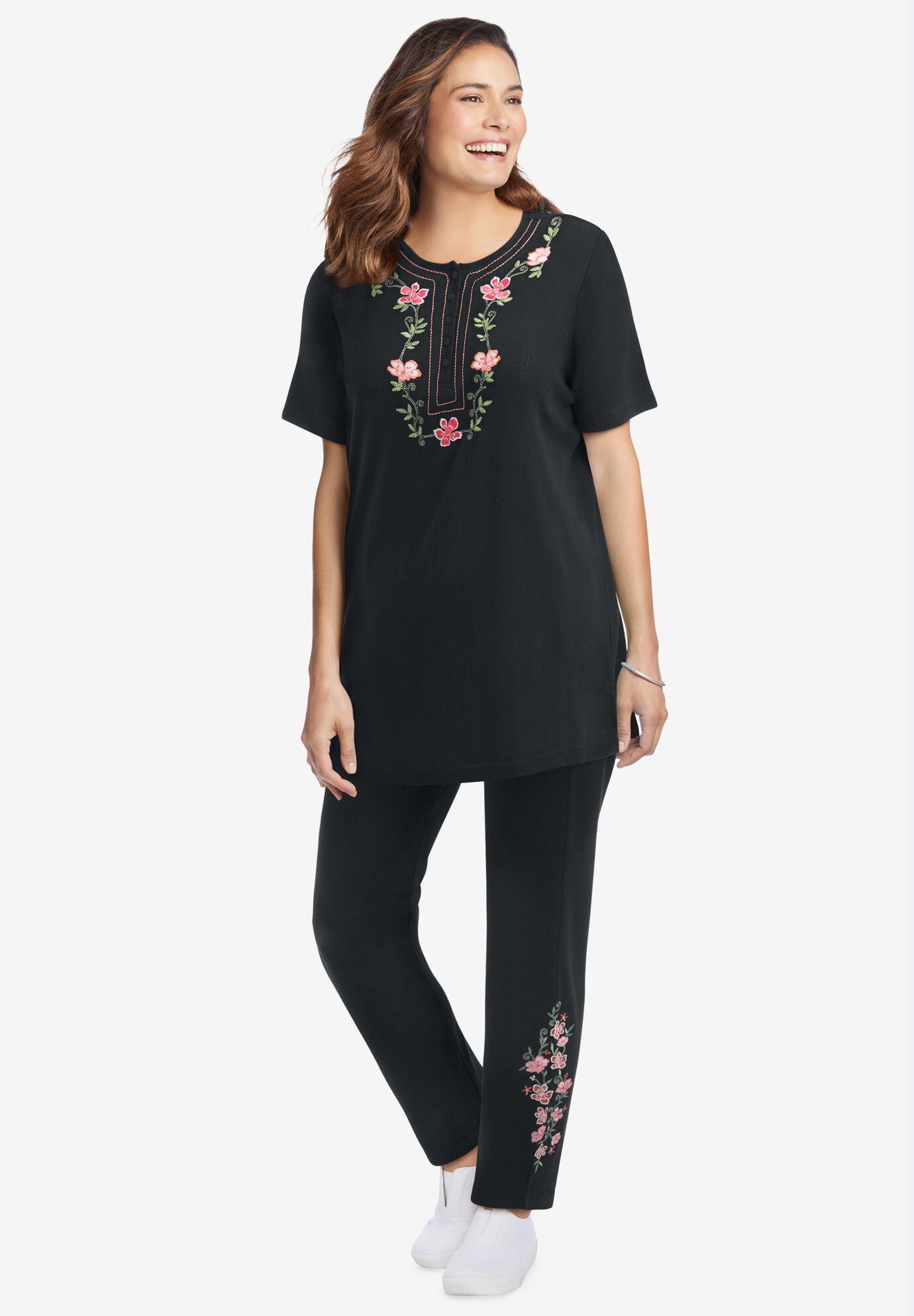 7-Day Knit Embroidered Straight-Leg Pull-On Pants, BLACK ROSE PINK FLORAL EMBROIDERY, hi-res image number 0