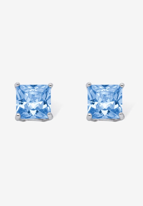 Sterling Silver Stud Princess Cut Simulated Birthstone Stud Earrings, MARCH, hi-res image number null