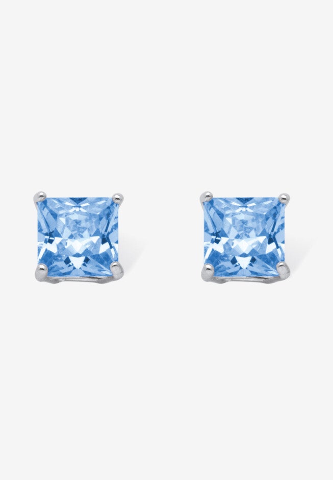 Sterling Silver Stud Princess Cut Simulated Birthstone Stud Earrings, MARCH, hi-res image number 0