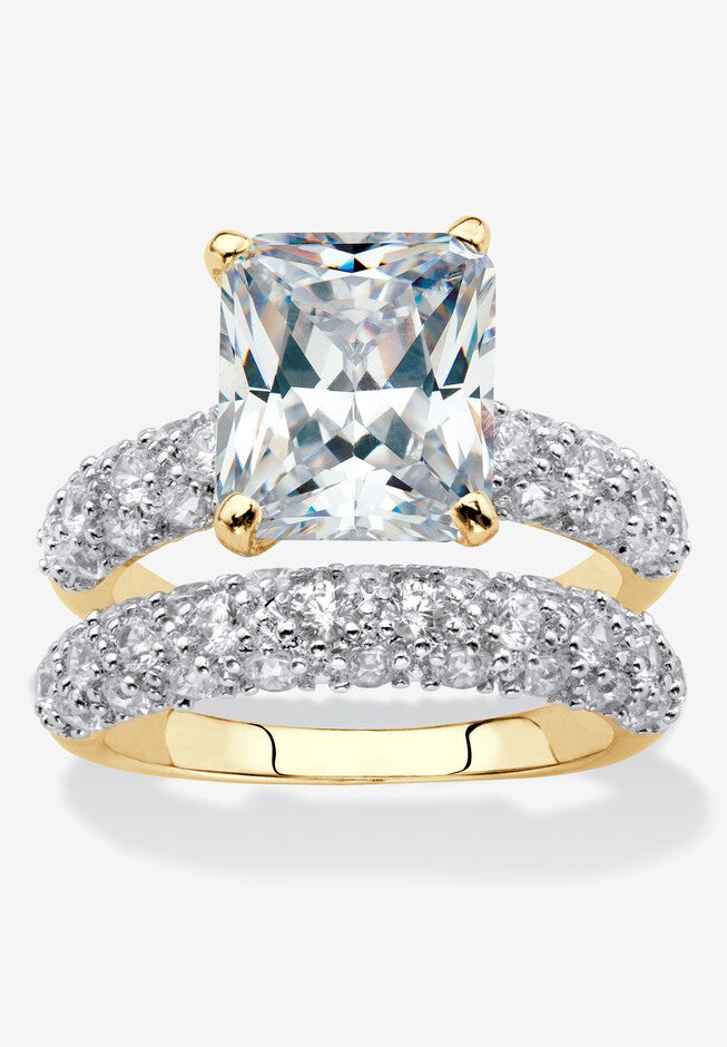 Yellow Gold-Plated Emerald Cut Bridal Ring Set Cubic Zirconia, YELLOW GOLD, hi-res image number 0