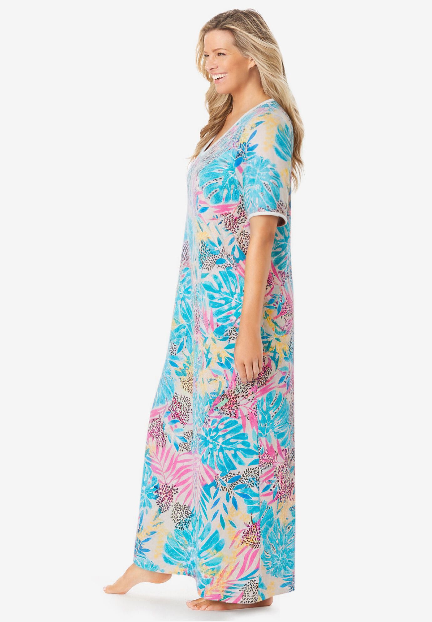 V-NECK SHORT SLEEVE MAXI LOUNGER, MULTI JUNGLE, alternate image number 2