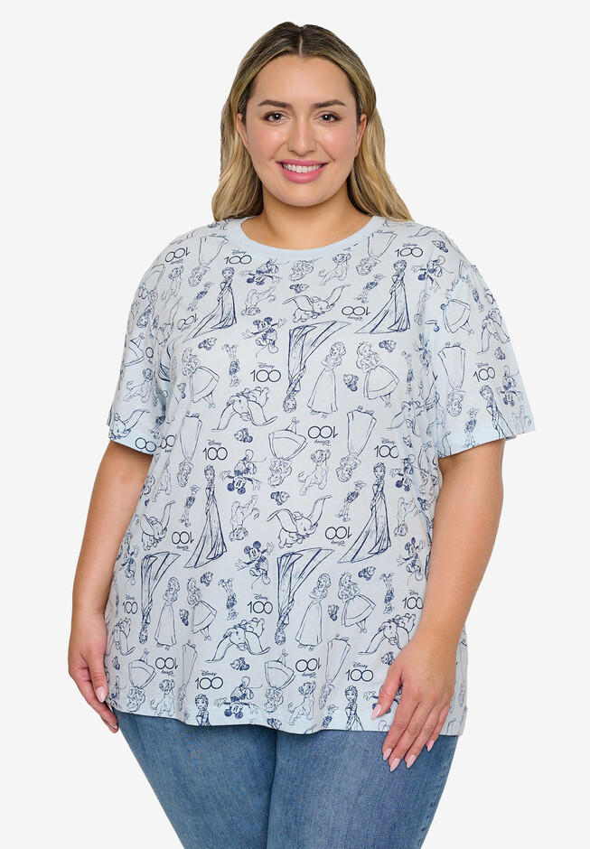 Disney 100 Characters All-Over Print T-Shirt Light Blue
