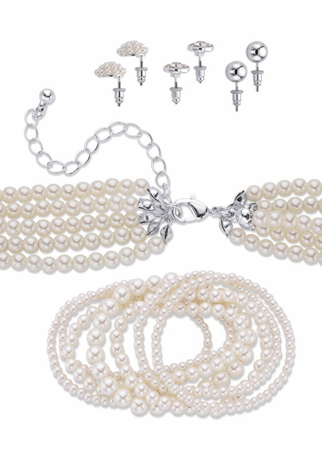Silver Tone Simulated Pearl Multi Strand Necklace, Bracelet and Stud Earring Set, plus Extender, , on-hover image number null
