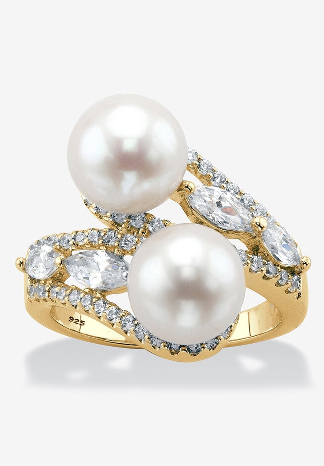 Gold over Sterling Silver Pearl and Marquise Cubic Zirconia Ring, GOLD, hi-res image number 0