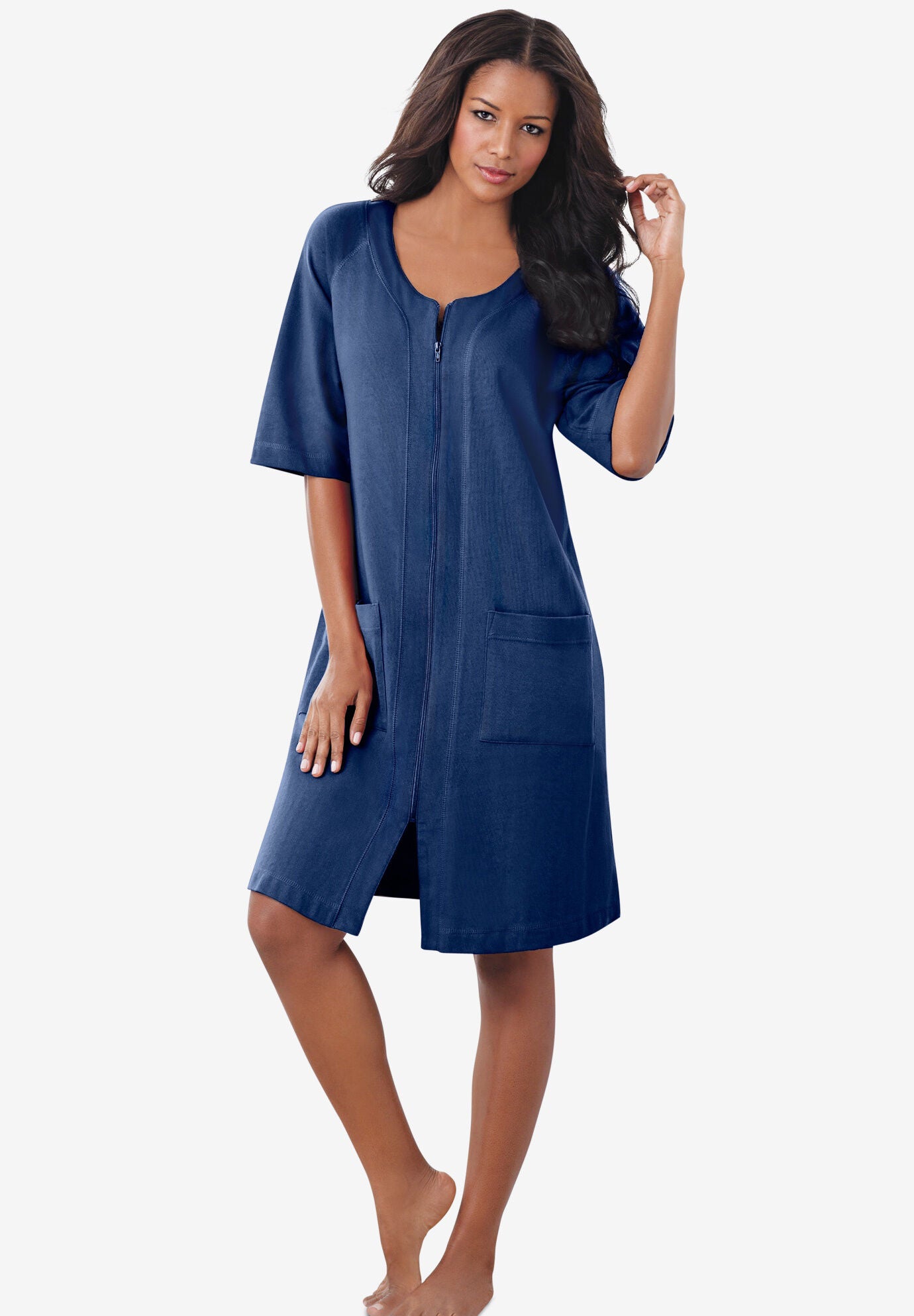 Plus Size Women s Short French Terry Zip Front Robe by Dreams Co. in Evening Blue Size 3X