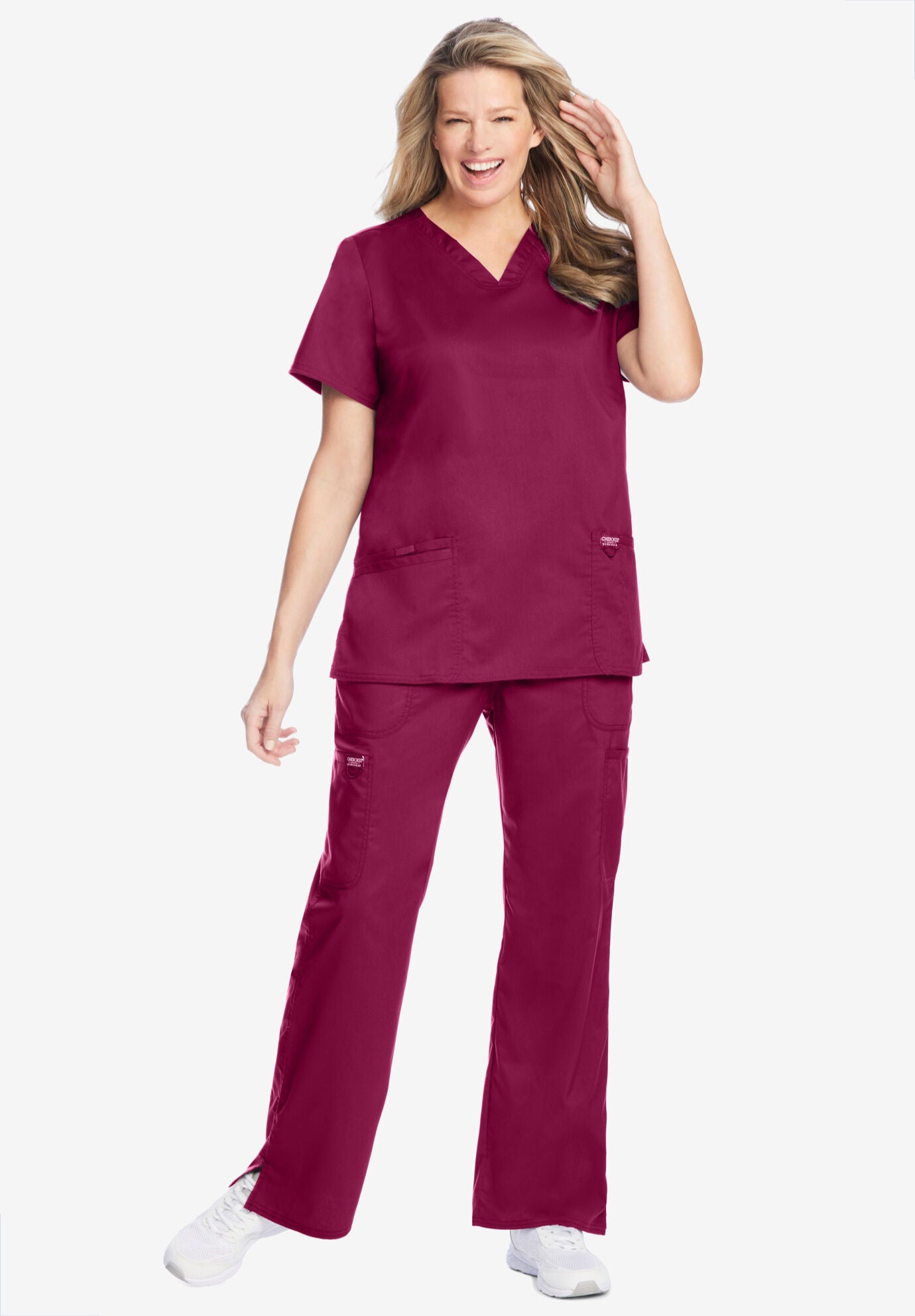 Modern Classic V-Neck Mock Wrap Scrub Top, WINE, hi-res image number 0