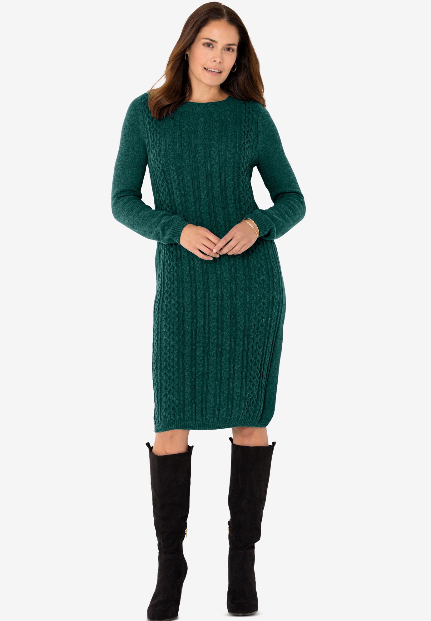 Cable Knit Sweater Dress, EMERALD GREEN, hi-res image number 0