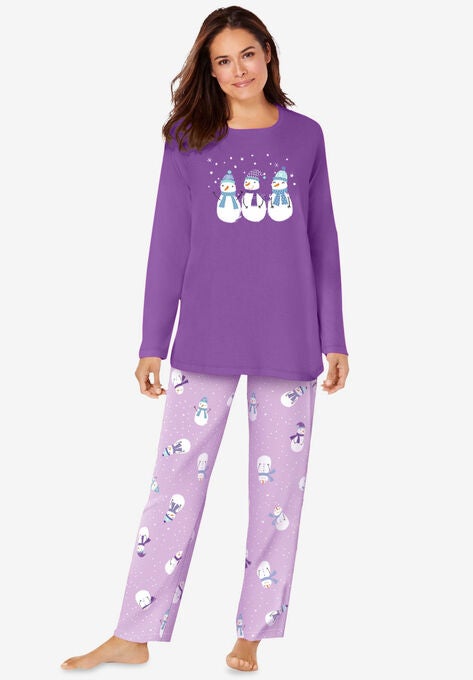 Long Sleeve Knit PJ Set , PRETTY VIOLET SNOWMAN, hi-res image number null