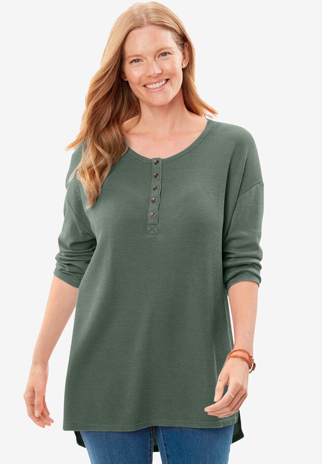 Washed Thermal High-Low Henley Tunic, PINE, hi-res image number null