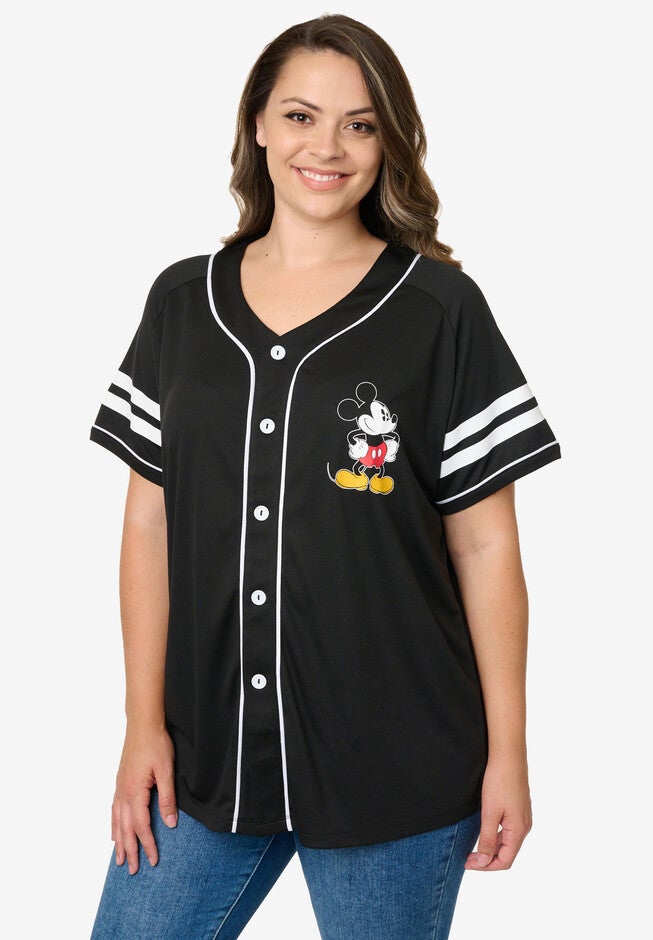 Disney Mickey Mouse Black Baseball Jersey Button Down Shirt, , alternate image number null